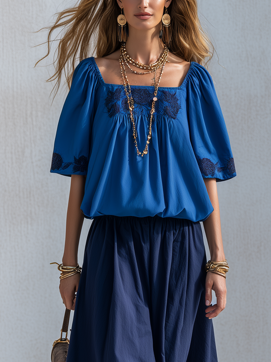 Briar | Cotton Linen Blue Colour-blocked Skirt Completo