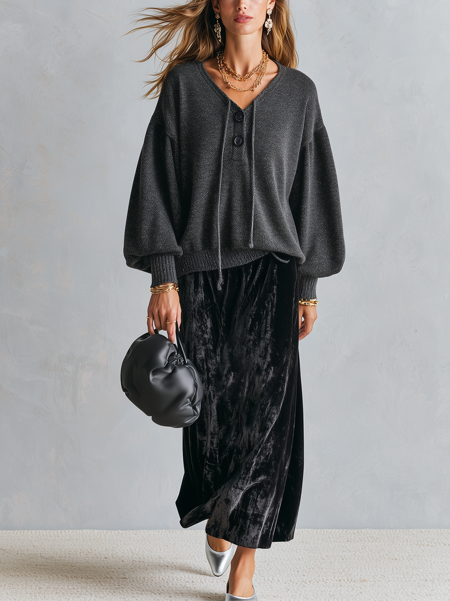 Sophia | Black Knit Top & Velvet Skirt