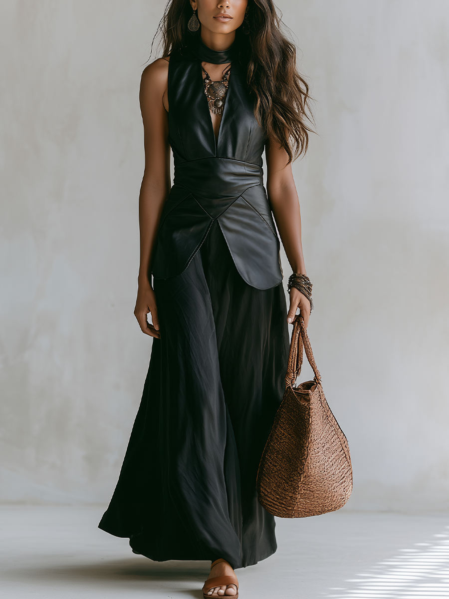 Octavia | Black Faux Leather Skirt Completo