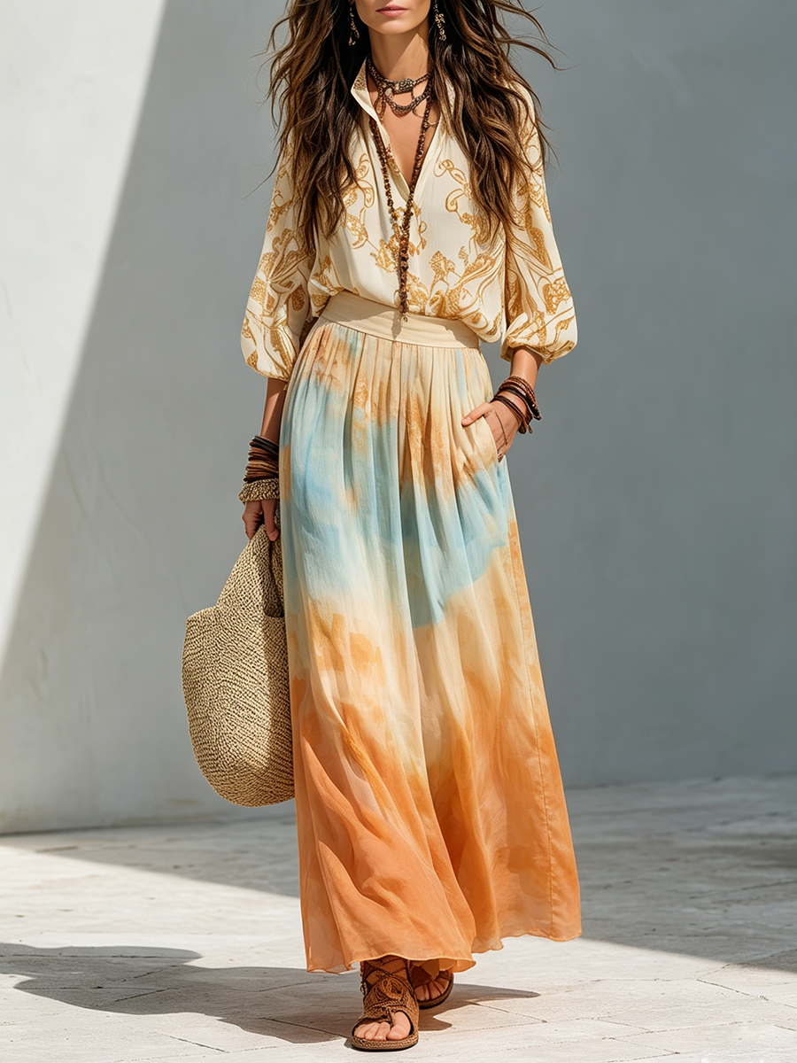 Katherine | Balloon Sleeve Shirt & Watercolor Maxi
