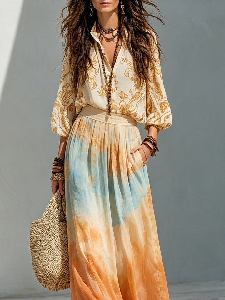 Katherine | Balloon Sleeve Shirt & Watercolor Maxi