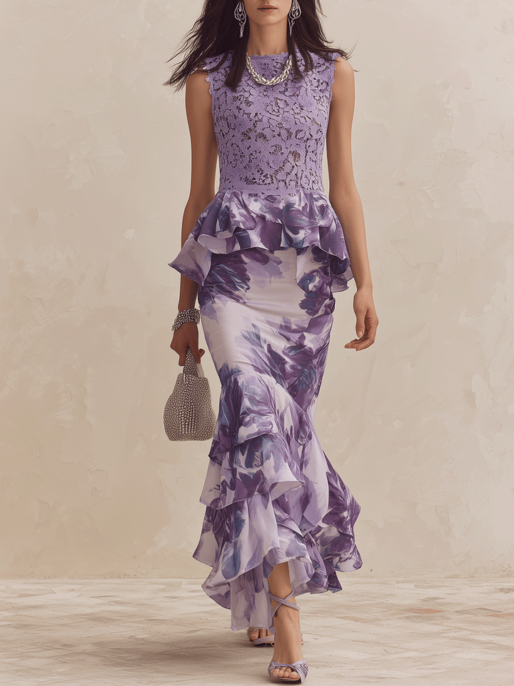 Beatrice | Elegant Lace-Bodice Floral Ruffle Mermaid Lavanda