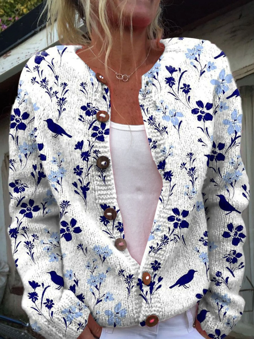 Vynora | Vintage Floral Bird Print Button-Front Cardigan Sweater - 