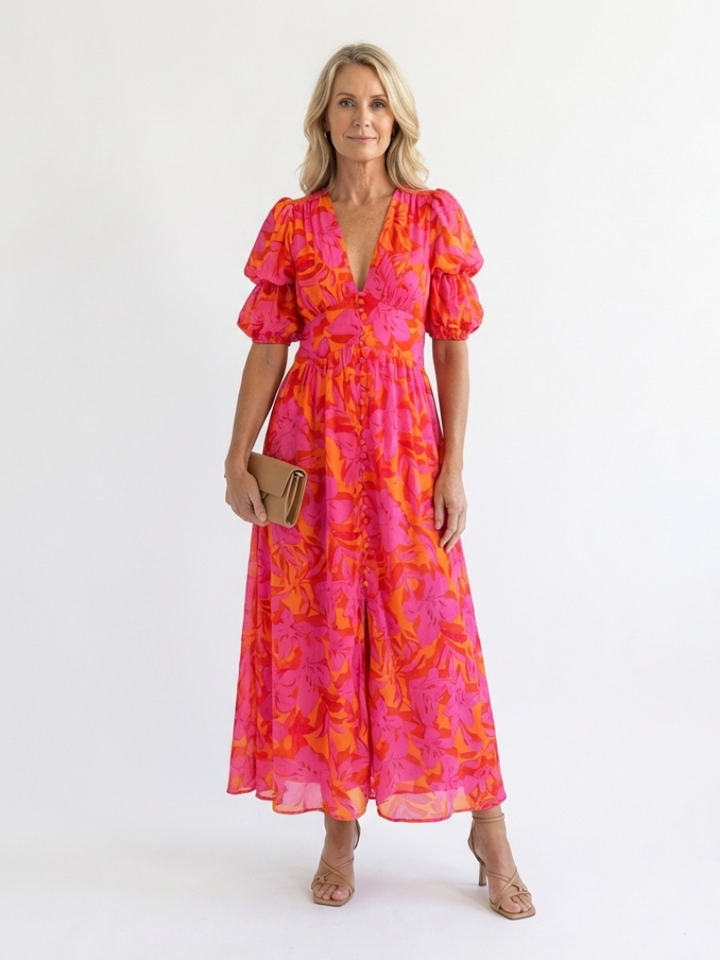 Constance | Understated Floral V Neck Midi Dress