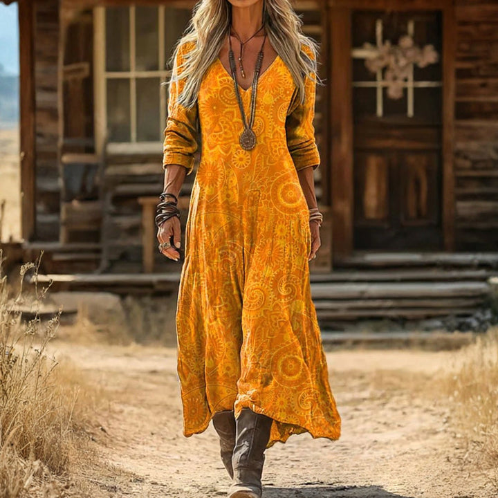 Zinnia | Yellow Stampa Long Sleeve Dress