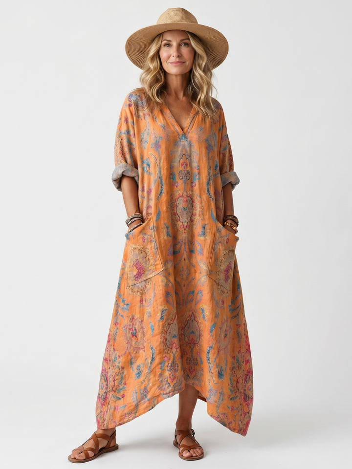 Romy | Dress Midi Printed with Collo a Revere & Tasche Oversize