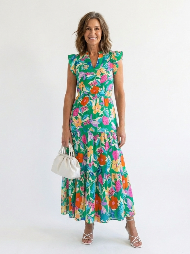 Marguerite | Breezy Floral V Neck Tiered Midi Dress