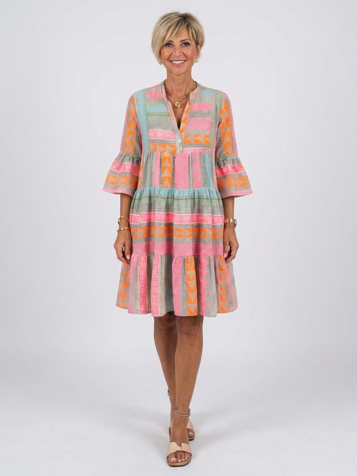 Maelle | Gentle Geometric V Neck Tiered Midi Dress