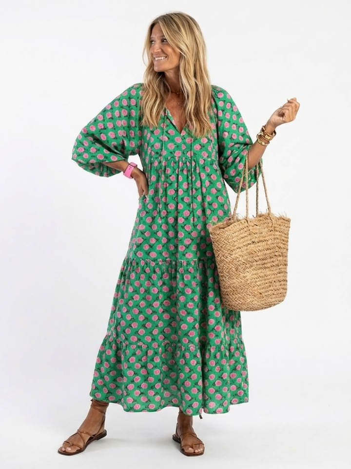 Fiora | Timeless Floral V Neck Tiered Midi Dress