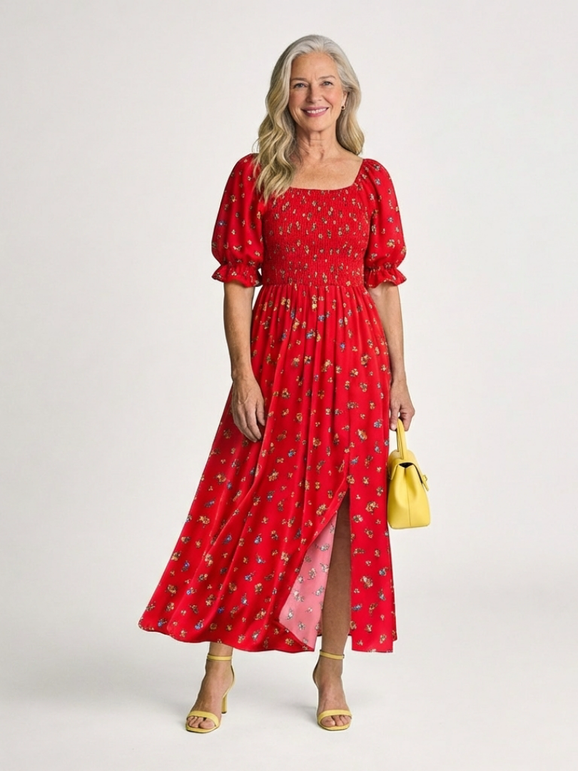 Dorothea | Graceful Floral Square Neck Midi Dress