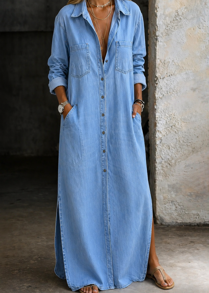 Mila | Denim Maxi Shirt Dress - Light Blue