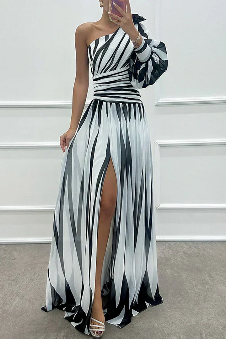 Elegant Striped Maxi Dress with One Shoulder