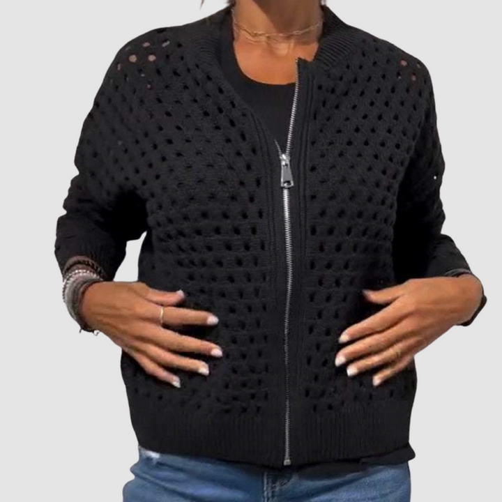 Maeve | Open Knit Zip Cardigan - Black