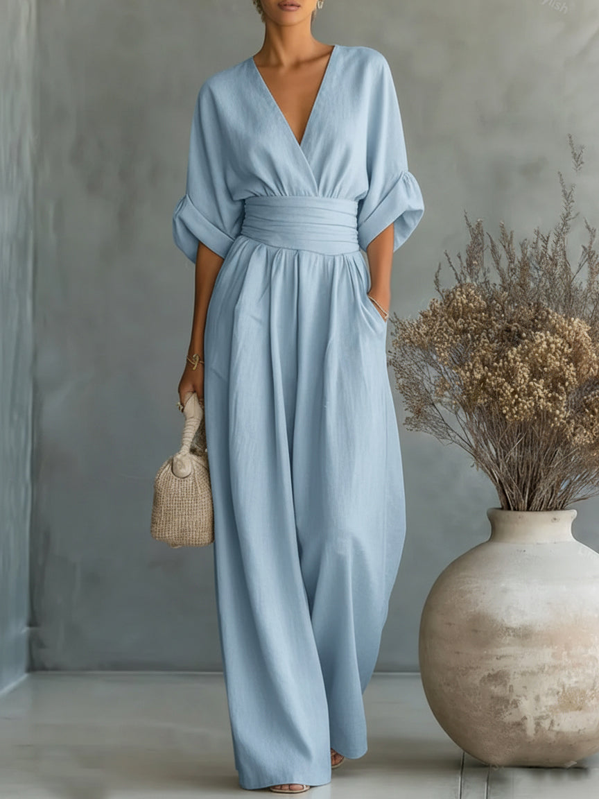 Maja | Eleganter V-Ausschnitt Hochtaillierter Jumpsuit - Helen & Olivia Manhattan