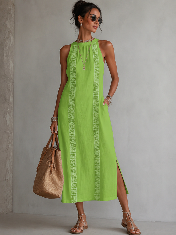 Marit | Luftiges bauchkaschierendes besticktes Kleid mit Taschen - Green