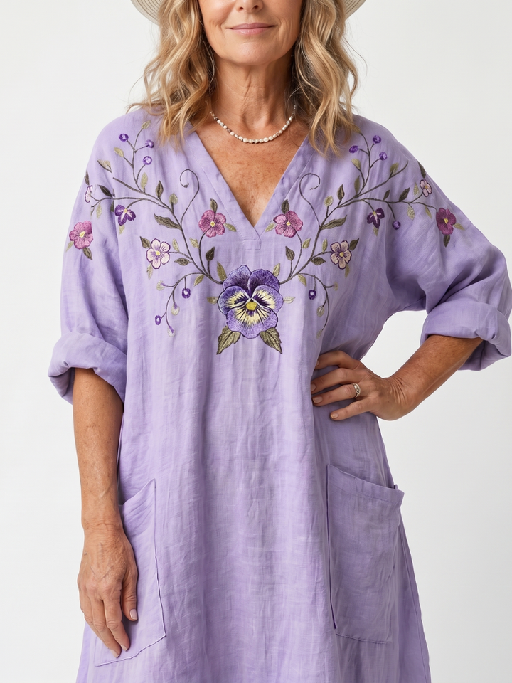 Tavi | Dress Midi Embroidered Floral with Tasche Oversize