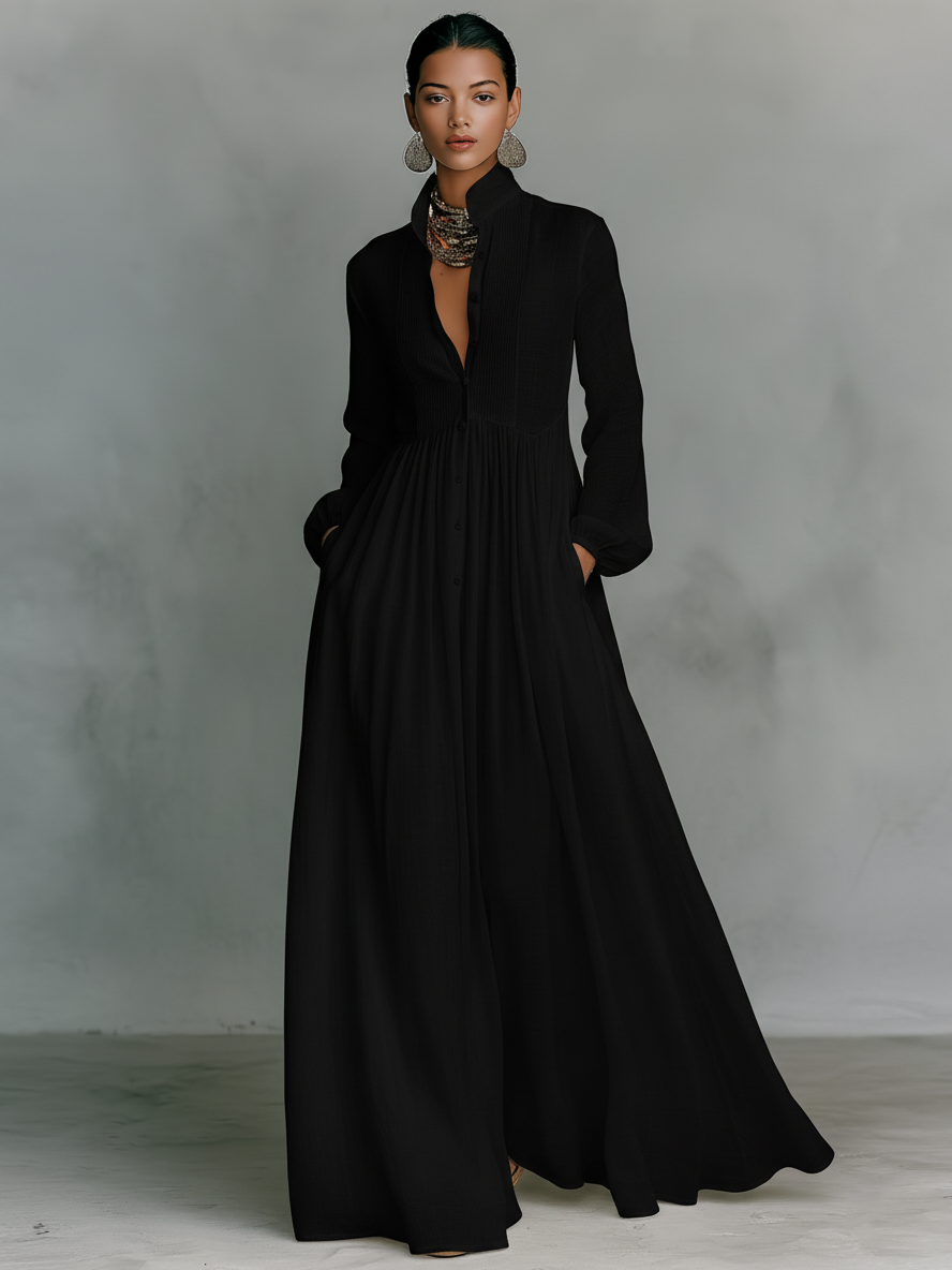 Patchwork Leinen Maxi Kleid Stehkragen - 