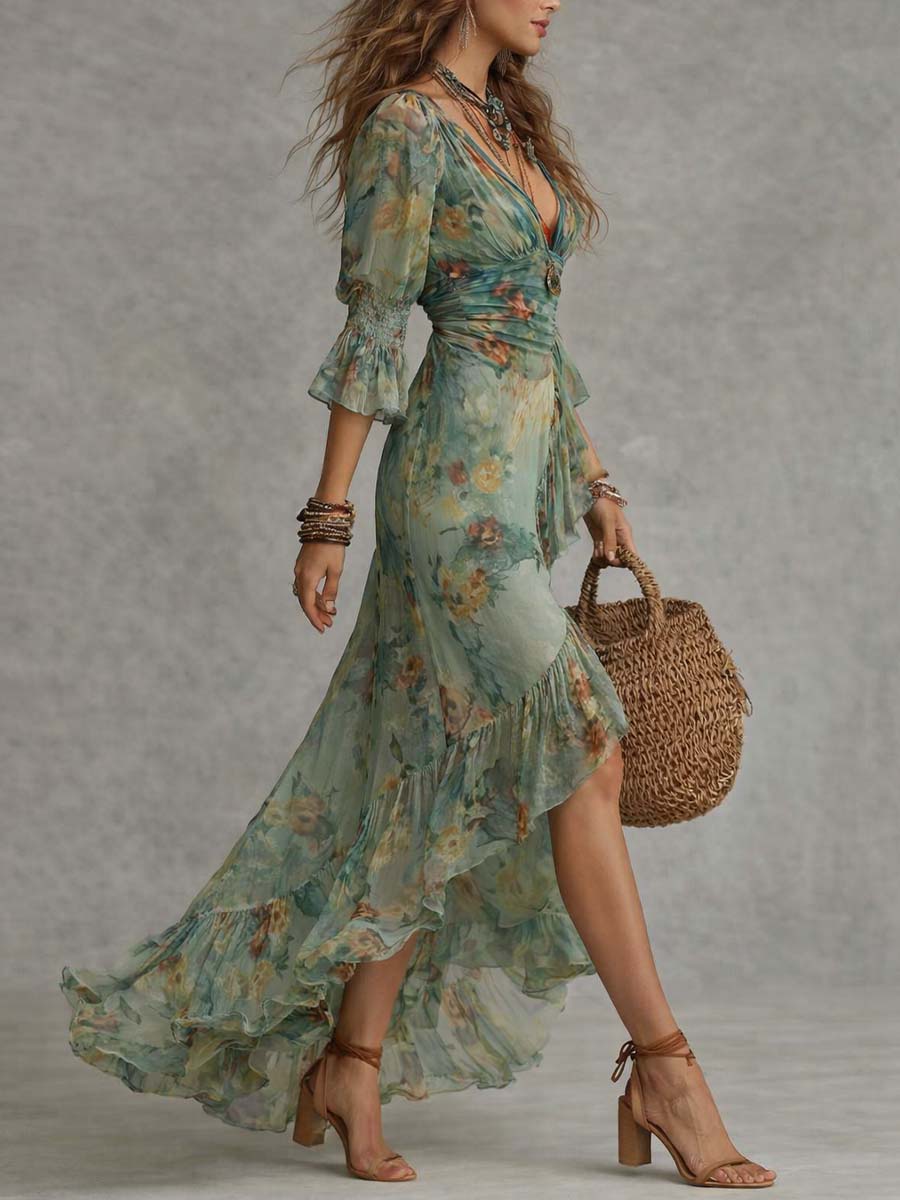Aurora | Floral Maxi Kleid mit romantischem asymmetrischen Saum - Helen & Olivia Manhattan