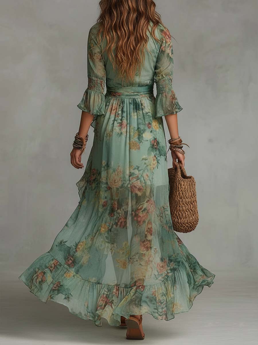 Aurora | Floral Maxi Kleid mit romantischem asymmetrischen Saum - Helen & Olivia Manhattan