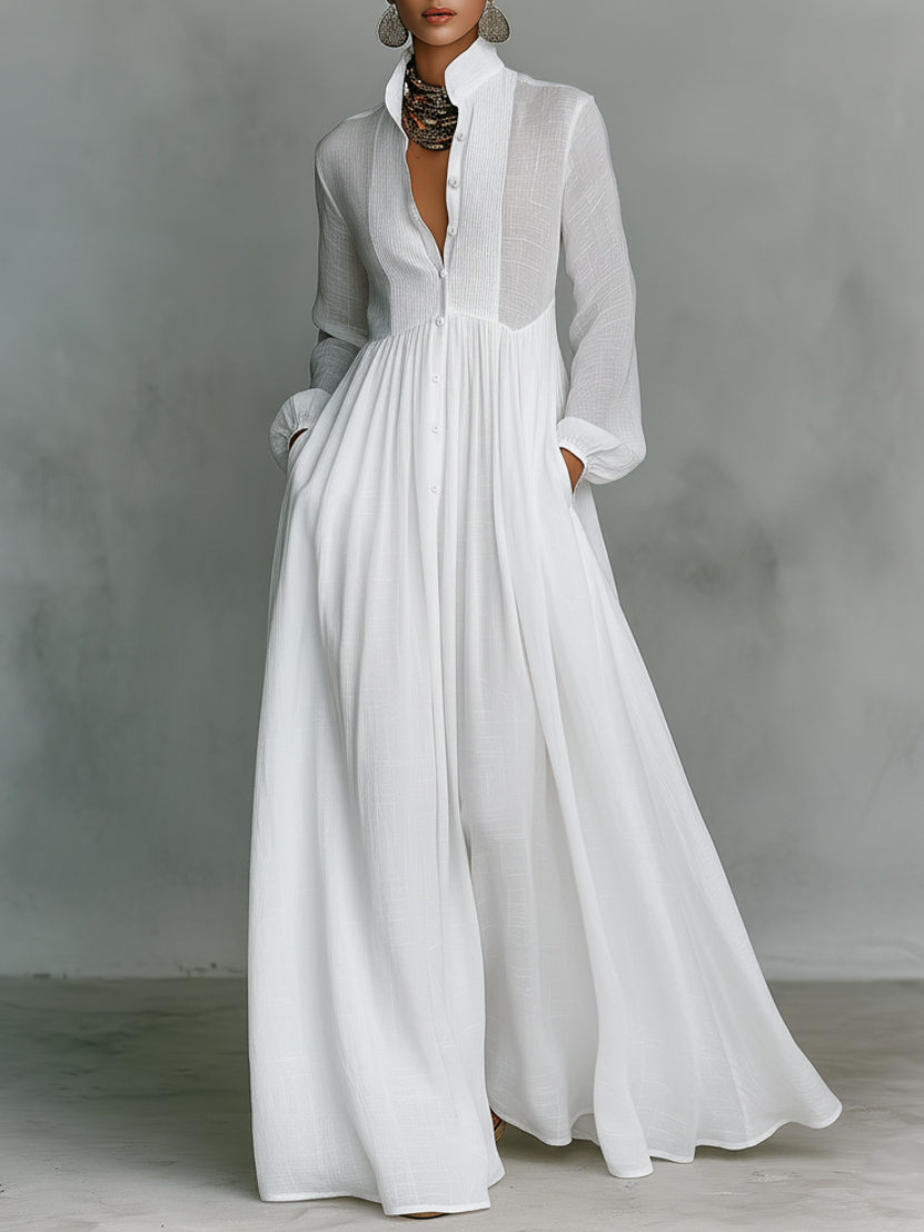 Patchwork Leinen Maxi Kleid Stehkragen - White