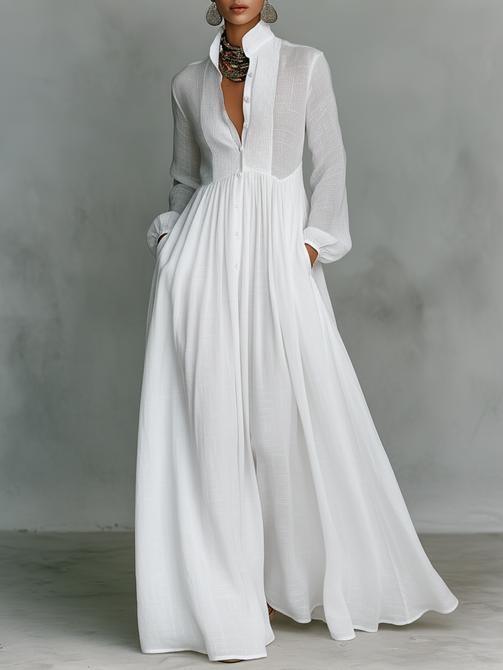 Patchwork Leinen Maxi Kleid Stehkragen - White