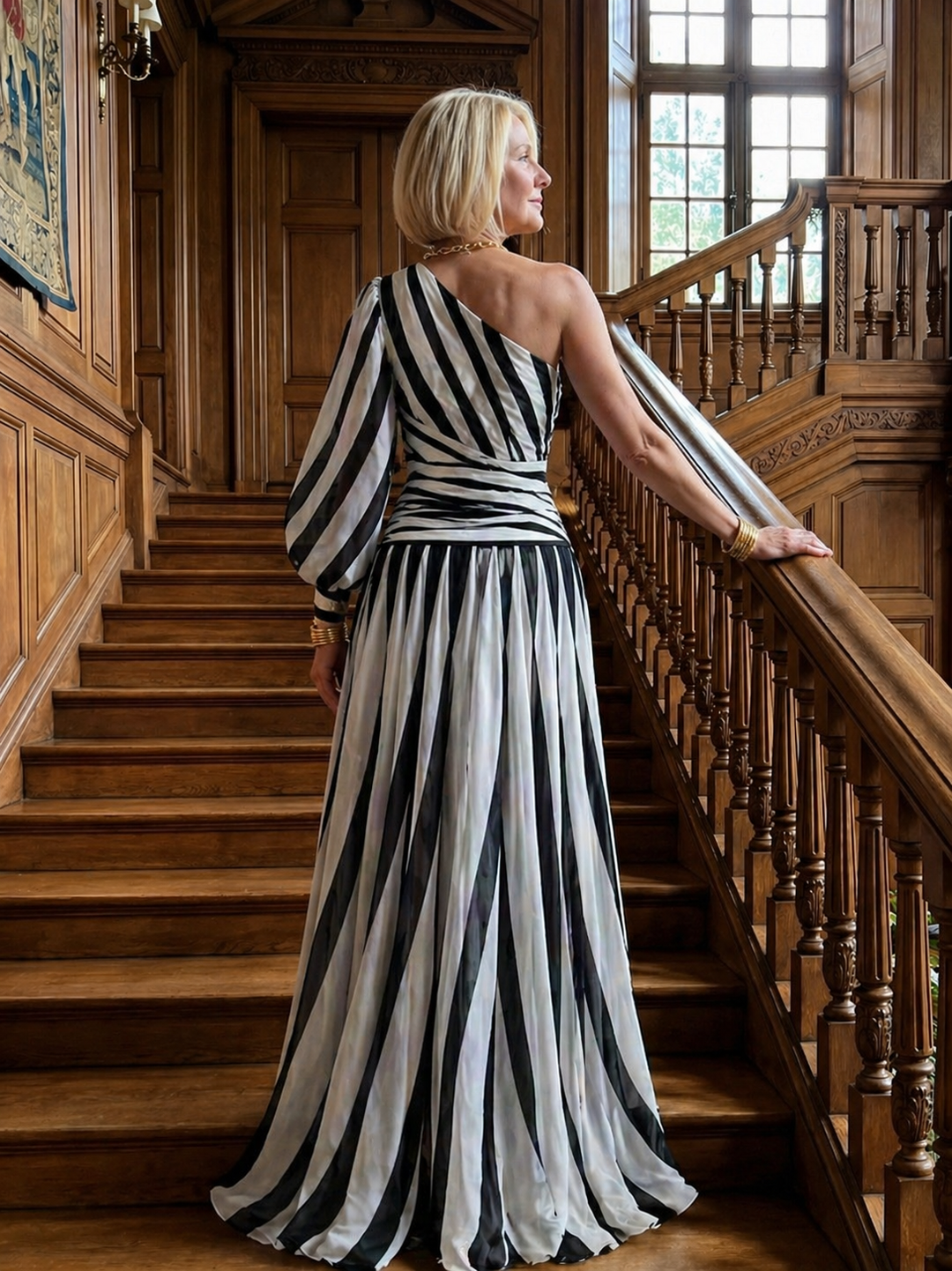 Elegant Striped Maxi Dress with One Shoulder