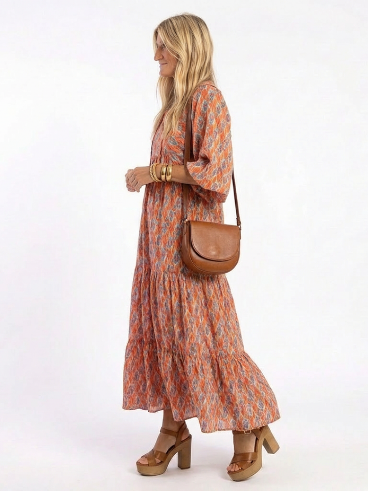 Millicent | Relaxed Geometric V Neck Tiered Midi Dress
