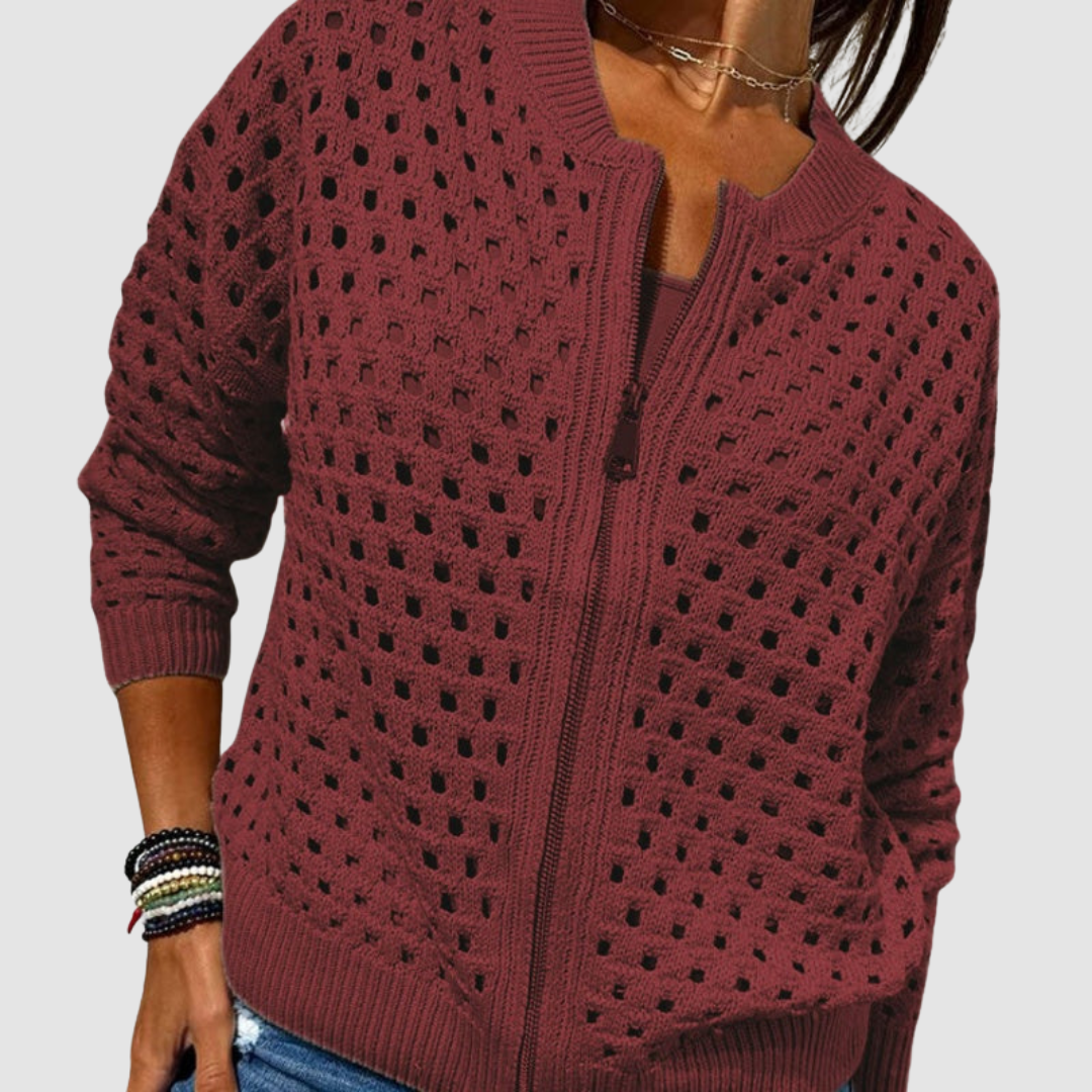 Maeve | Open Knit Zip Cardigan - Burgundy