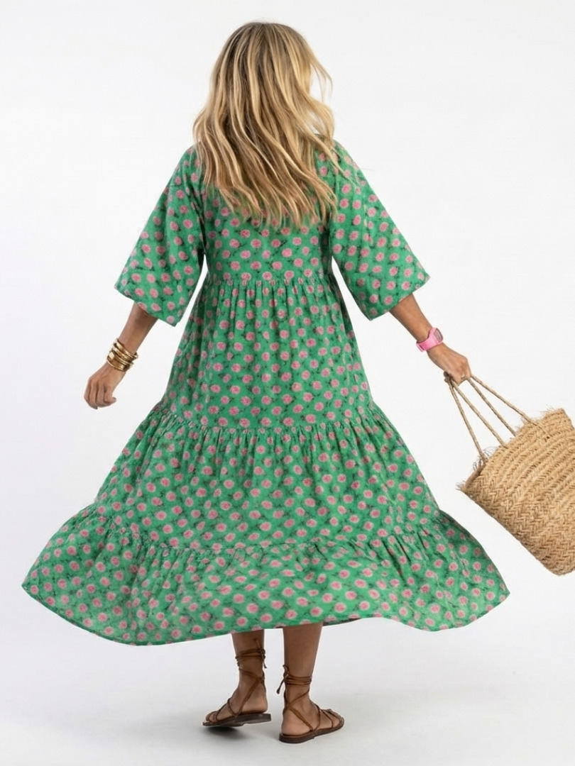 Fiora | Timeless Floral V Neck Tiered Midi Dress