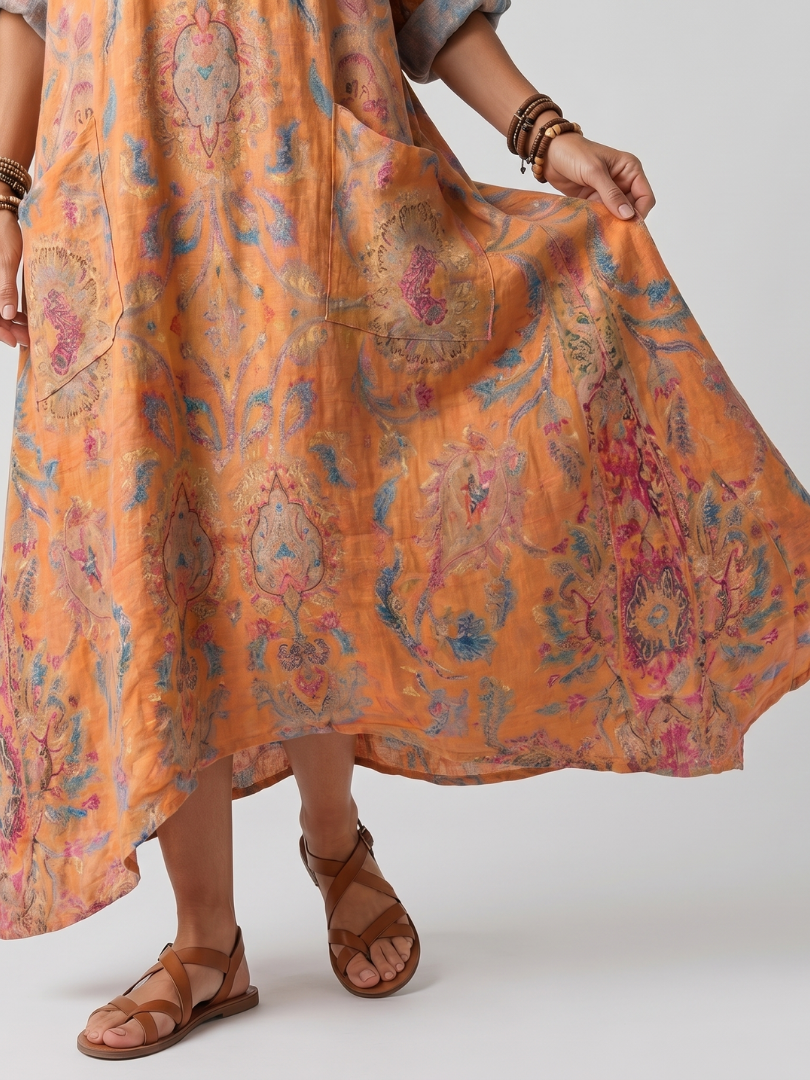 Romy | Dress Midi Printed with Collo a Revere & Tasche Oversize
