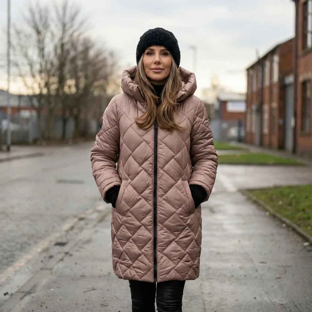 Claire | Quilted Hooded Long Coat - Brown