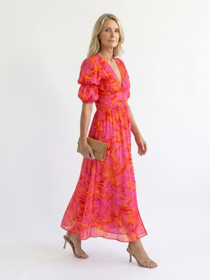 Constance | Understated Floral V Neck Midi Dress