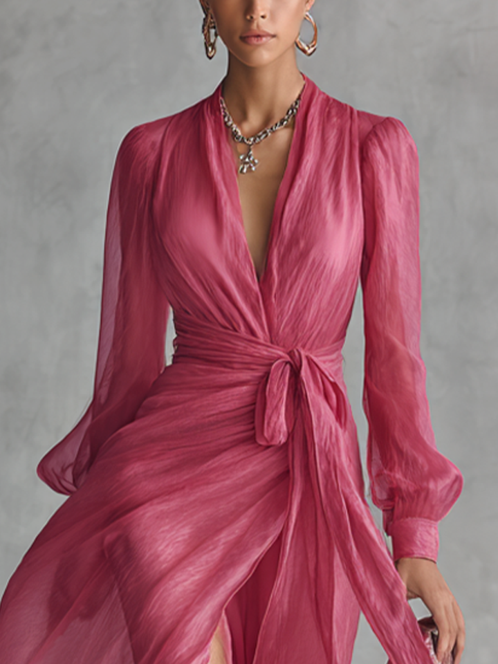 Rosa Chiffonkleid mit V-Ausschnitt - 