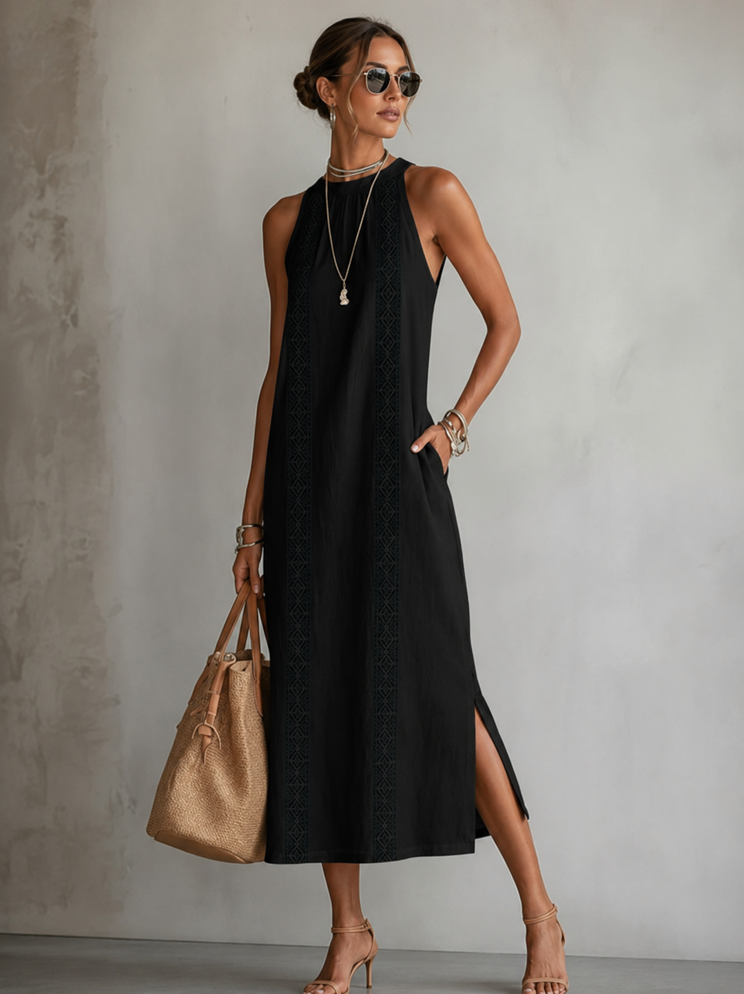 Marit | Luftiges bauchkaschierendes besticktes Kleid mit Taschen - 