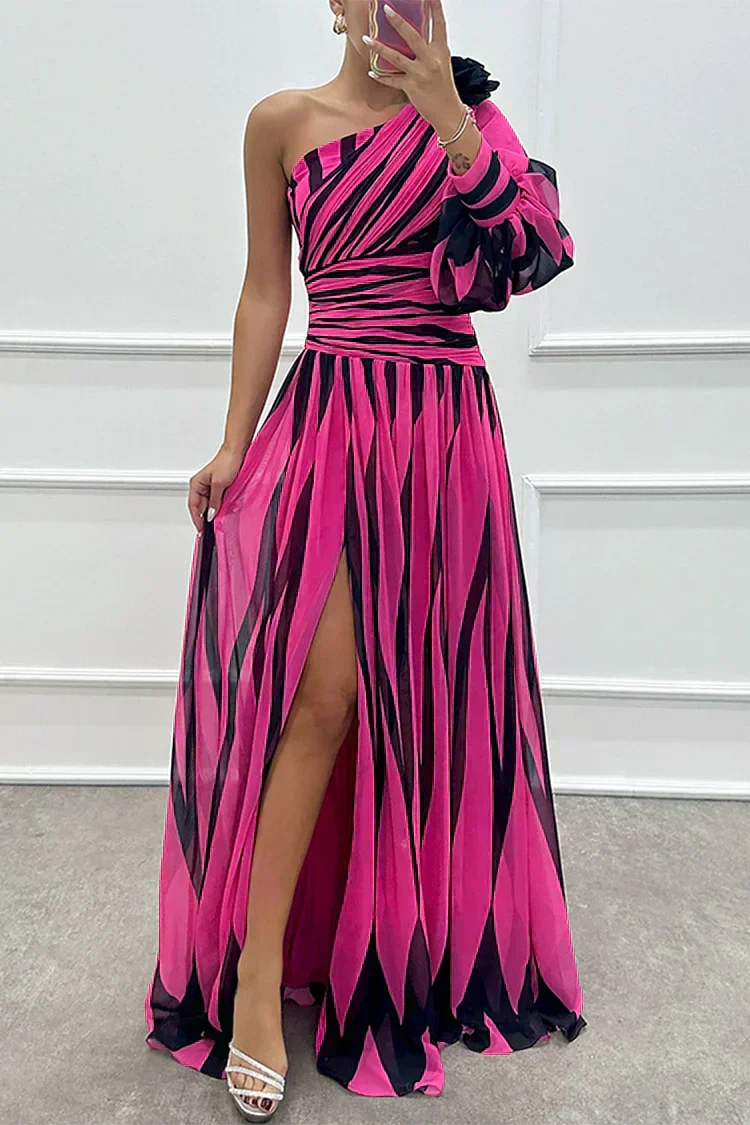 Elegant Striped Maxi Dress with One Shoulder