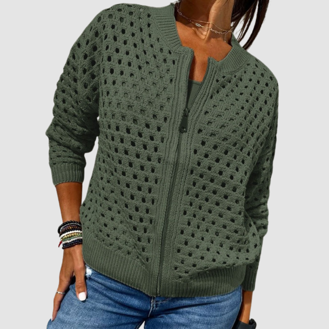 Maeve | Open Knit Zip Cardigan - Green