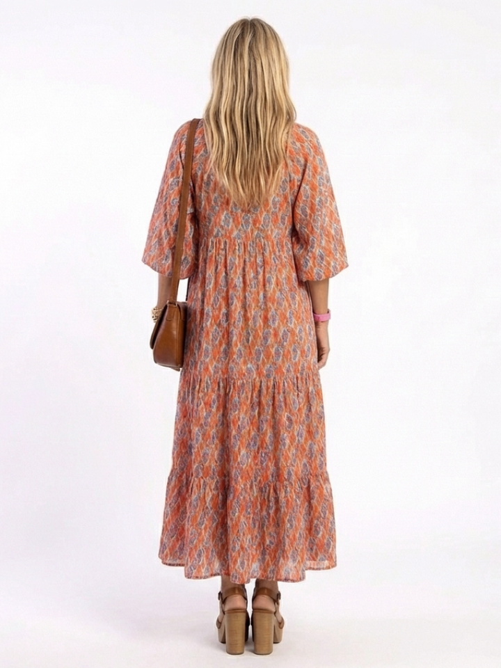 Millicent | Relaxed Geometric V Neck Tiered Midi Dress