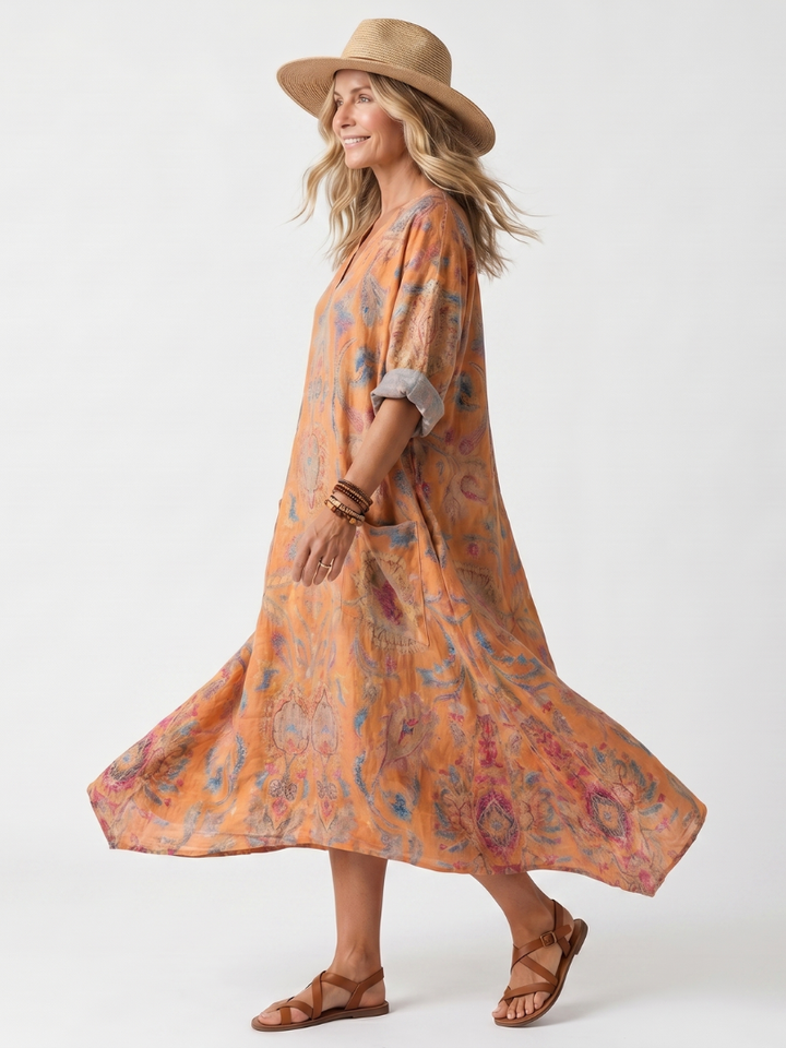 Romy | Dress Midi Printed with Collo a Revere & Tasche Oversize