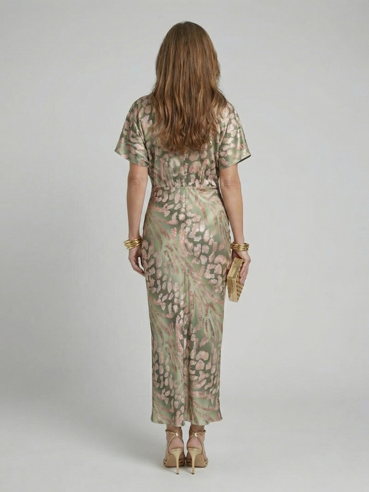 Abstract Print V Neck Twist Waist Midi Dress