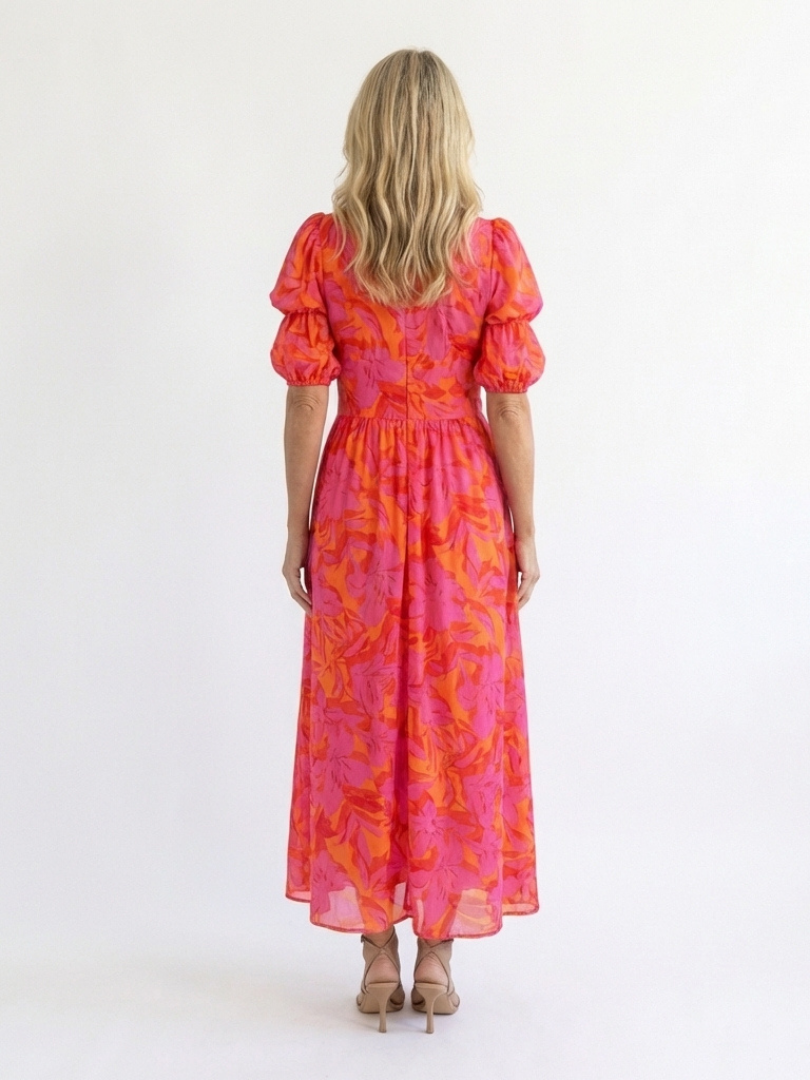 Floral V Neck Puff Sleeve Midi Dress