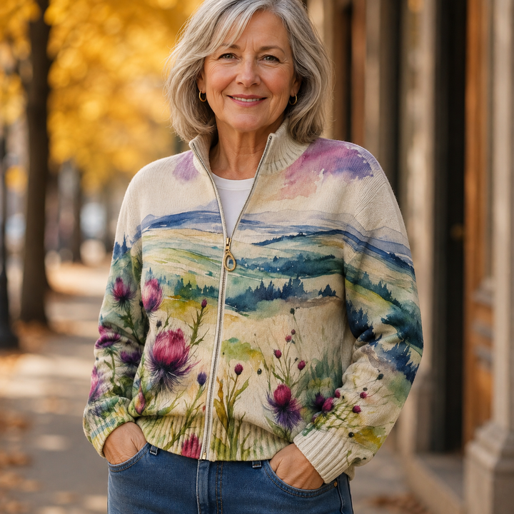 Marlowe | Thistle Landscape Zip Cardigan - Helen & Olivia Manhattan