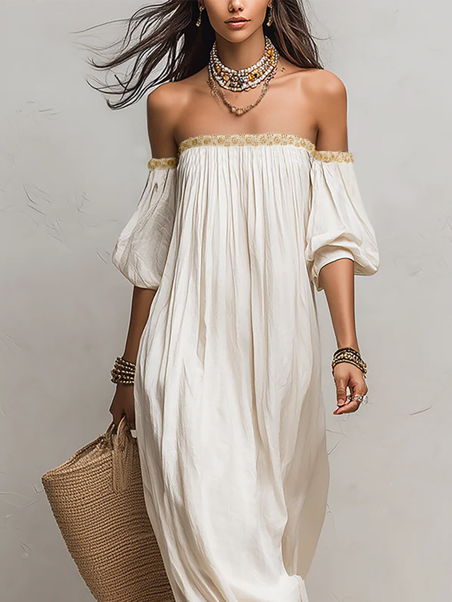 Inez | Maxi Dress Plissettato Off-Shoulder