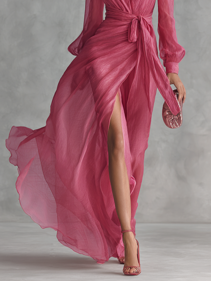 Rosa Chiffonkleid mit V-Ausschnitt - 