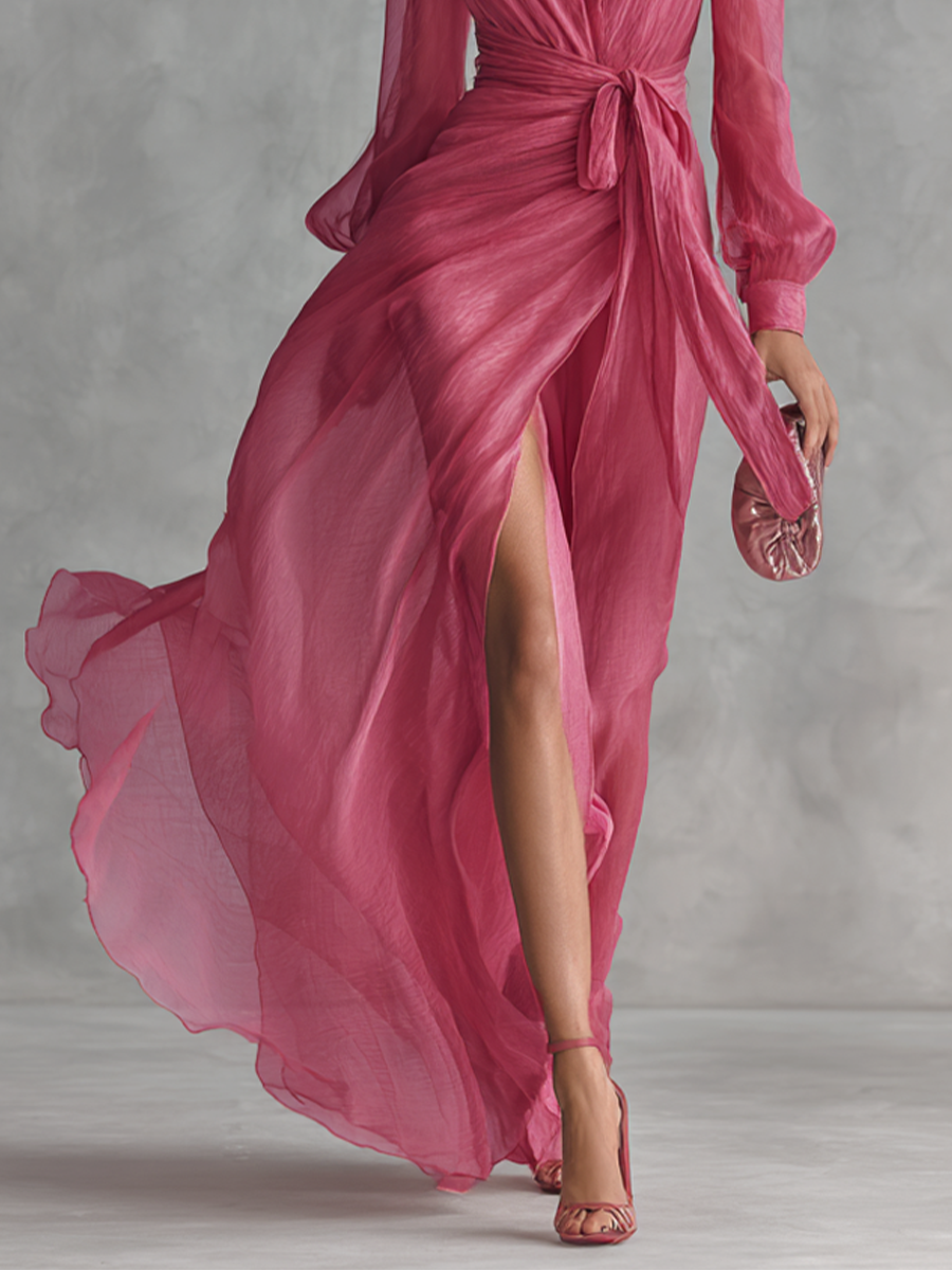 Rosa Chiffonkleid mit V-Ausschnitt - 