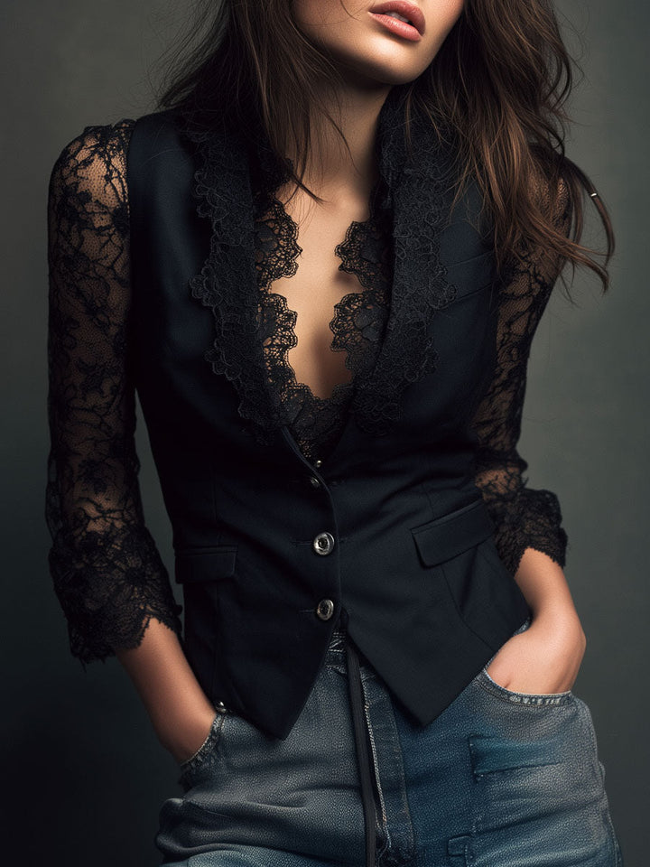 Noemie | Black Blazer Top with Sheer Sleeves