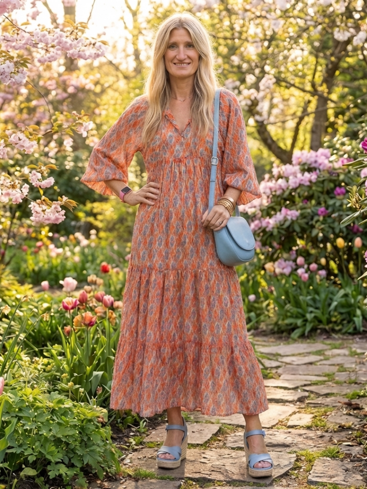 Millicent | Relaxed Geometric V Neck Tiered Midi Dress