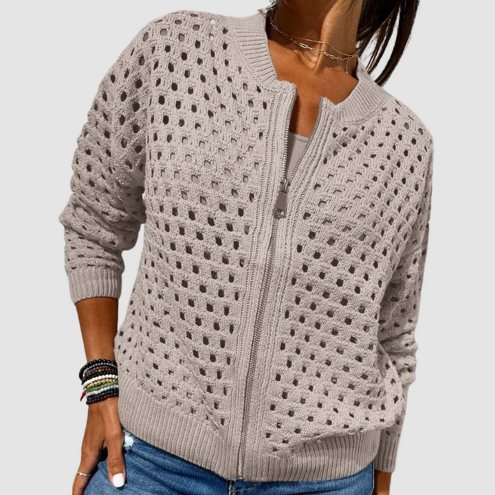 Maeve | Open Knit Zip Cardigan - Khaki