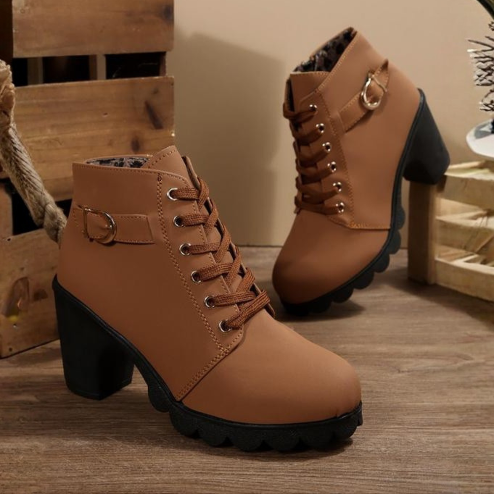 Karin Chic Lace | Up Metal Buckle Chunky Ankle Boots - Brown