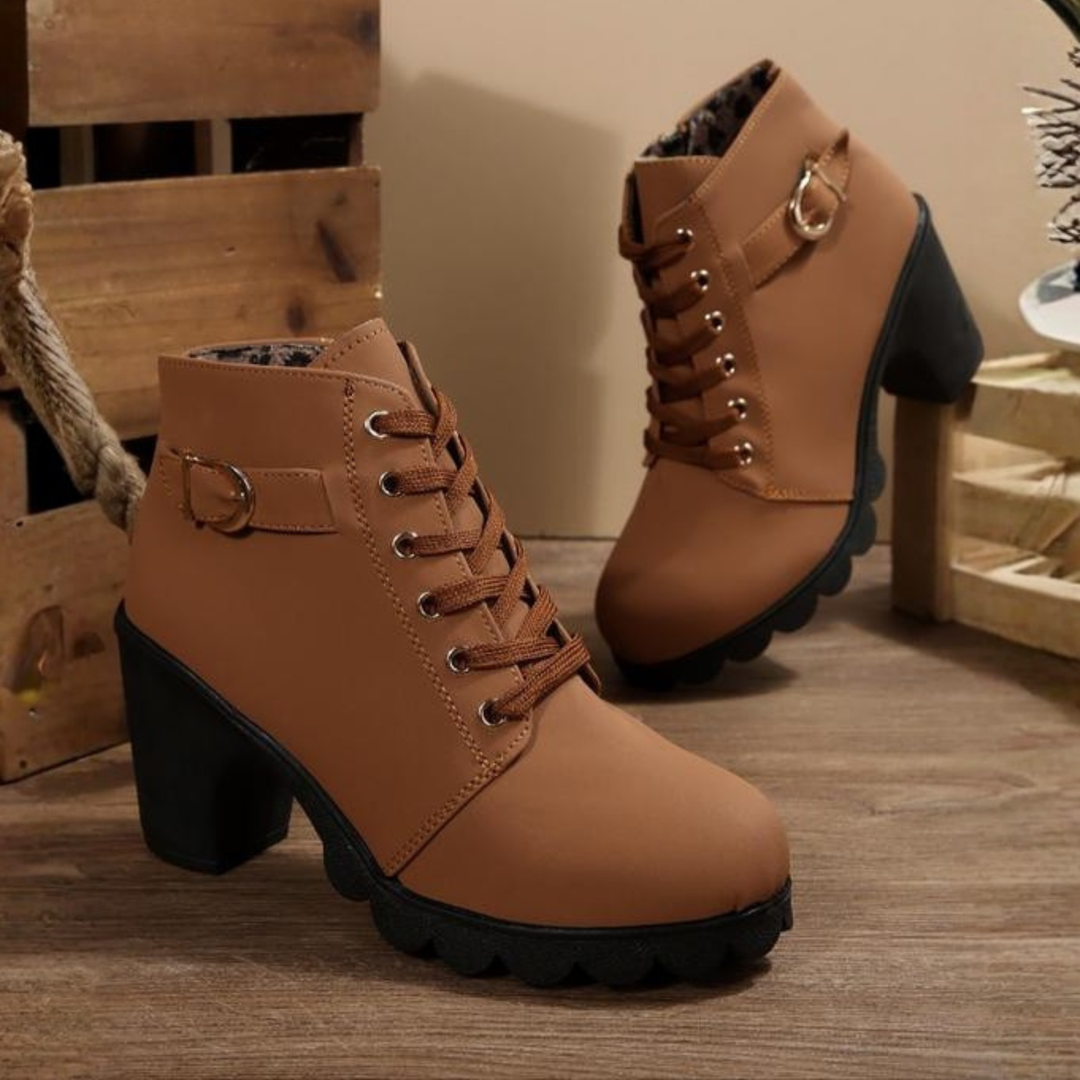 Karin Chic Lace | Up Metal Buckle Chunky Ankle Boots - Brown