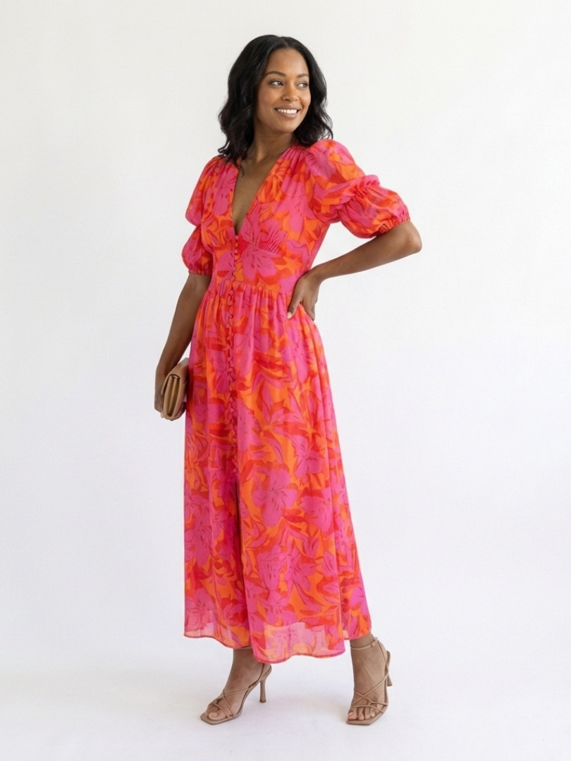 Constance | Understated Floral V Neck Midi Dress
